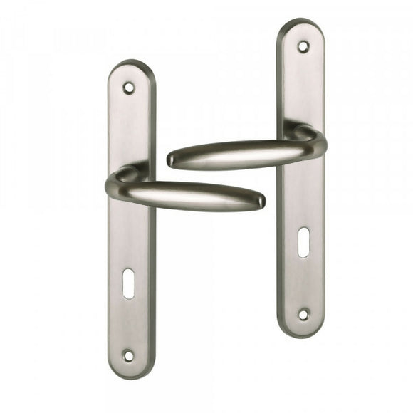 2 poignées de porte sur plaque BRISTOL, Entrée de clé pour chambre, Finition aluminium nickel mat, Entraxe standard 195 mm