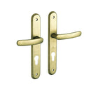 2 poignées de porte sur plaque VINTAGE, Trou de cylindre - entrée - bureau - service, Finition laiton brut laqué mat, Entraxe stand 195 mm