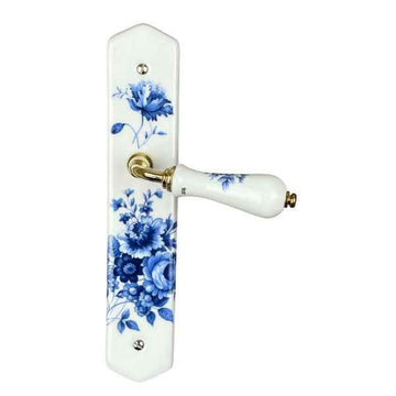 2 poignées de porte sur plaque BLEUET, Sans trou pour pièce à vivre, Porcelaine de Limoges, Entraxe standard 195 mm
