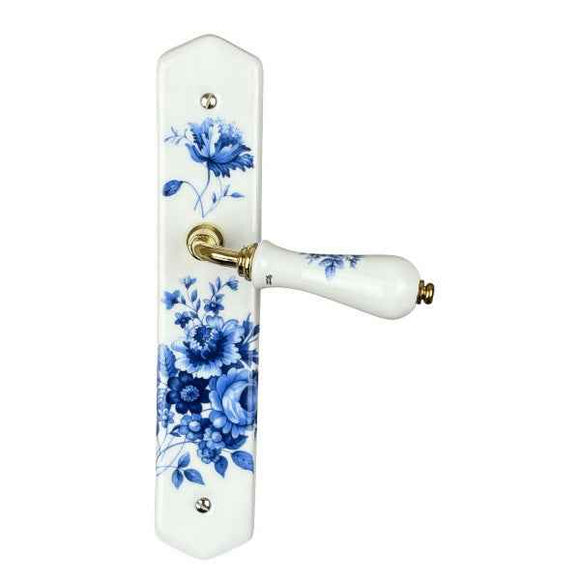 2 poignées de porte sur plaque BLEUET, Sans trou pour pièce à vivre, Porcelaine de Limoges, Entraxe standard 195 mm