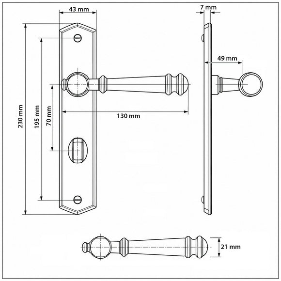 2 poignées de porte ATTILA, Verrou de condamnation pour salles de bain/WC, Finition laiton poli doré, Entraxe standard 195 mm