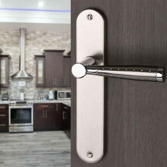 2 poignées de porte sur plaque CASUAL, Sans trou pour pièce à vivre, Finition aluminium nickel mat, Entraxe standard 195 mm
