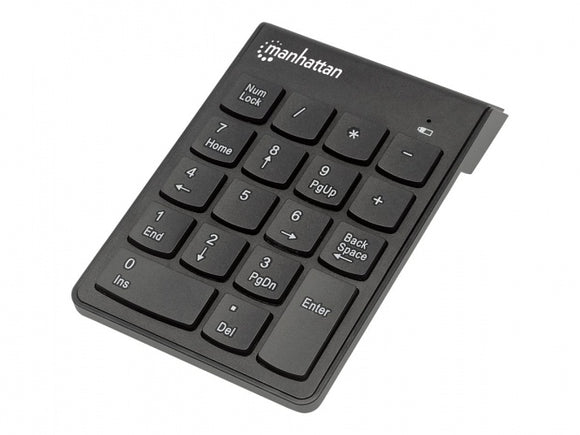 Manhattan Numeric Keypad, Wireless (2.4GHz), USB-A Micro Receiver, 18 Full Size Keys, Black, Membrane Key Switches, Auto Power Management, Range 10m, AAA Battery (included), Windows and Mac, Three Year Warranty