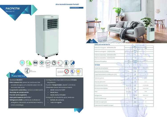 INFINITON PACPK17W Climatiseur 7000 BTU, convient pour pièces de 12-15 m², classe d'efficacité énergétique A, minuterie, 3 niveaux de puissance, mode veille, déshumidificateur, kit d'installation