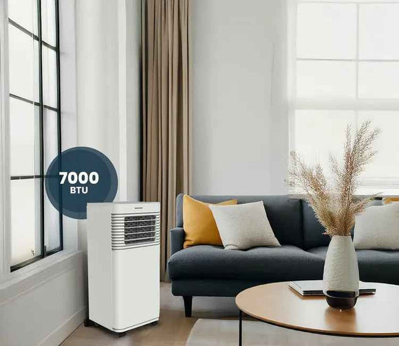 INFINITON PACPK17W Climatiseur 7000 BTU, convient pour pièces de 12-15 m², classe d'efficacité énergétique A, minuterie, 3 niveaux de puissance, mode veille, déshumidificateur, kit d'installation