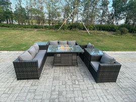 Fimous Mobilier De Jardin En Rotin Extérieur Foyer Au Gaz Table À Manger Set Chauffage Au Gaz Chaise Longue Table D'appoint Gris Foncé Mixte 8 Places
