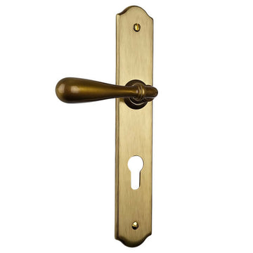 2 poignées de porte sur plaque DURANCE, Trou de cylindre - entrée - bureau - service, Finition laiton patiné, Entraxe standard 195 mm - 0