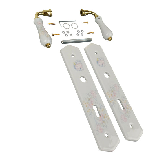 2 poignées de porte ROSAE, Entrée de clé pour chambre, Porcelaine de Limoges, Finition coude doré, Entraxe standard 195 mm