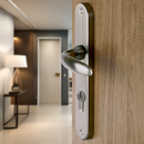 2 poignées de porte sur plaque CHAMBON, Trou de cylindre - entrée - bureau - service, Finition aluminium nickel mat, Entraxe standard 195 mm