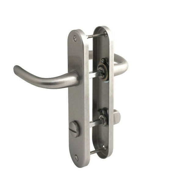 2 poignées de porte sur plaque RHAPSODIE, Verrou condamnation pour salle de bain/WC, Finition zamak nickel mat, Entraxe 165 mm