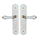 2 poignées de porte ROSAE, Sans trou pour pièce à vivre, Porcelaine de Limoges, Finition coude doré, Entraxe standard 195 mm