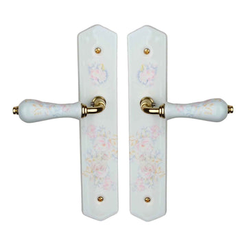 2 poignées de porte ROSAE, Sans trou pour pièce à vivre, Porcelaine de Limoges, Finition coude doré, Entraxe standard 195 mm