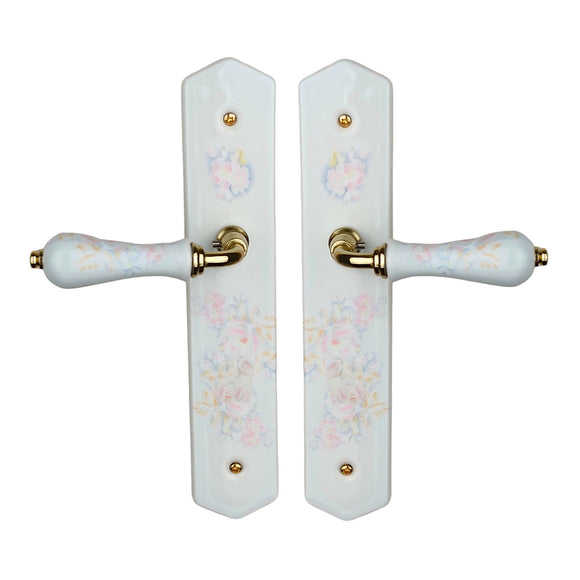 2 poignées de porte ROSAE, Sans trou pour pièce à vivre, Porcelaine de Limoges, Finition coude doré, Entraxe standard 195 mm