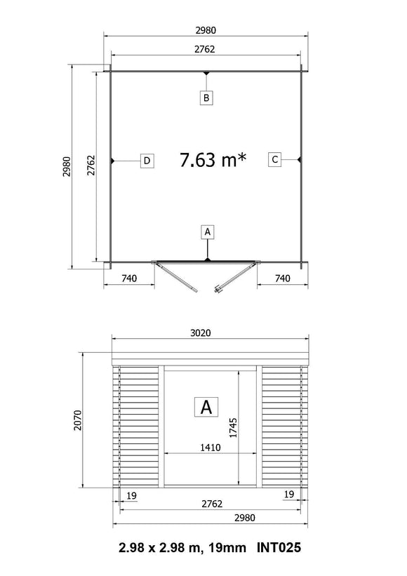 Abri de jardin en bois ep 19mm surface utile 763m² 298x298x207cm int025/ineksa