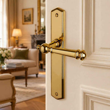 2 poignées de porte ATTILA, Sans trou pour pièce à vivre, Finition laiton poli doré, Entraxe standard 195 mm