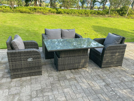 Fimous Dark Mix Grey Rotin Mobilier De Jardin Extérieur Ascenseur Réglable Table À Manger Ou Table Basse Ensemble Amour Canapé Chaise Longue 4 Places - 0