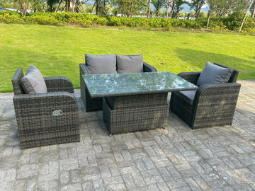 Fimous Dark Mix Grey Rotin Mobilier De Jardin Extérieur Ascenseur Réglable Table À Manger Ou Table Basse Ensemble Amour Canapé Chaise Longue 4 Places - 0