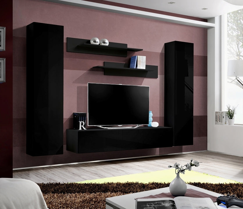 nsemble meuble TV mural FLY-A noir de haute brillance clicktofournisseur.com