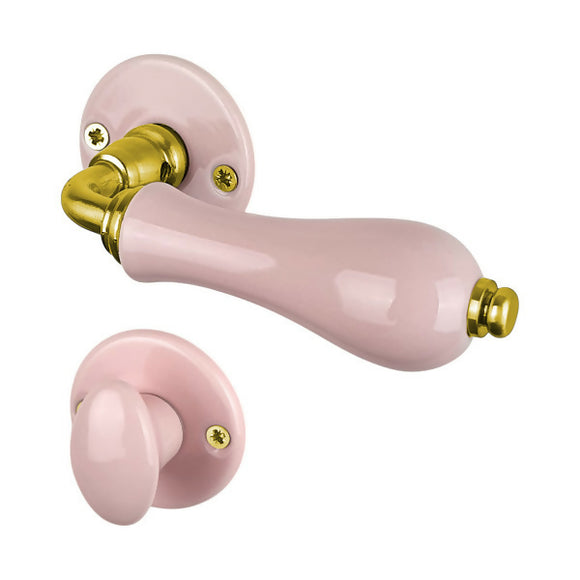 2 poignées sur rosaces rondes LIZON, Verrou de condamnation pour salle de bain/WC, Porcelaine rose, Finition coude en Laiton poli doré