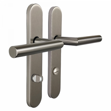 2 poignées de porte universelles Dualfit sur plaque ronde BRUNELLA, Verrou condamnation pour salle de bain/WC, Finition Acier nickel mat bi-entraxe 165-195