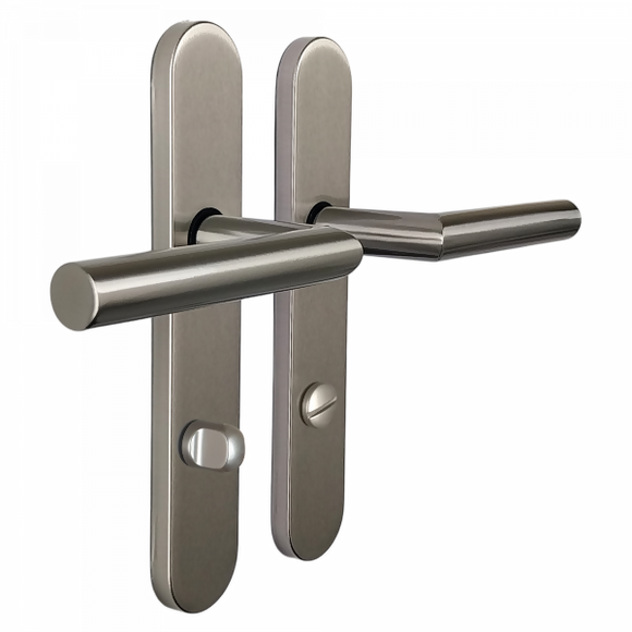 2 poignées de porte universelles Dualfit sur plaque ronde BRUNELLA, Verrou condamnation pour salle de bain/WC, Finition Acier nickel mat bi-entraxe 165-195