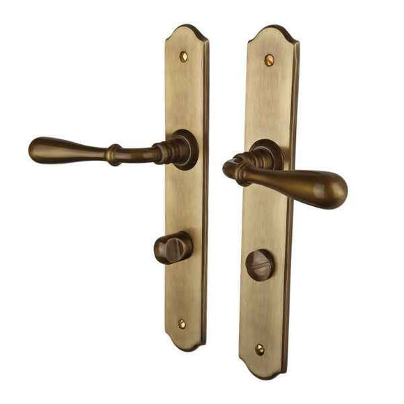 2 poignées sur plaque DURANCE, verrou condamnation pour salle de bain, Finition laiton patiné, Entraxe standard 195 mm