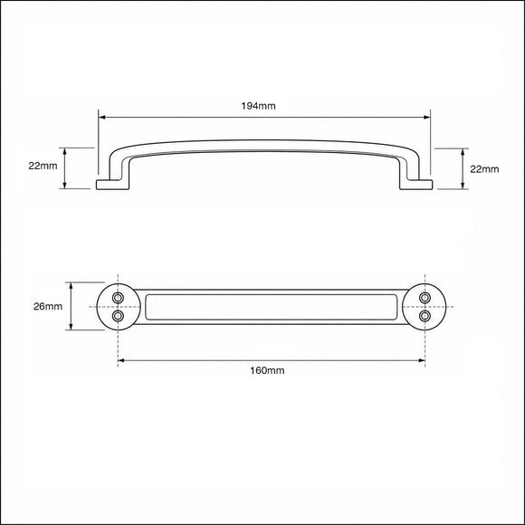 Schéma technique de poignée de meuble COOPER, Finition zamak nickel mat, entraxe 160 mm