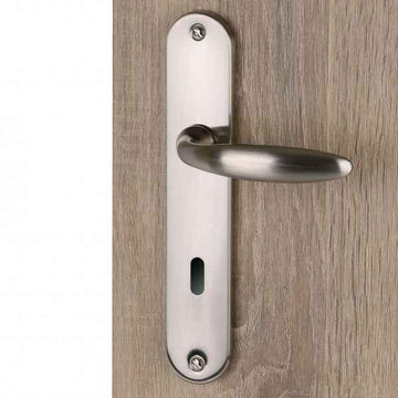 2 poignées de porte sur plaque CHAMBON, Entrée de clé pour chambre, Finition aluminium nickel mat, Entraxe standard 195 mm