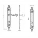 Schéma technique de 2 poignées de porte sur plaque SULLY, Verrou de condamnation pour salle de bain/WC, Finition laiton patiné aspect vieilli, Entraxe standard 195 mm