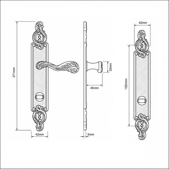 Schéma technique de 2 poignées de porte sur plaque SULLY, Verrou de condamnation pour salle de bain/WC, Finition laiton patiné aspect vieilli, Entraxe standard 195 mm