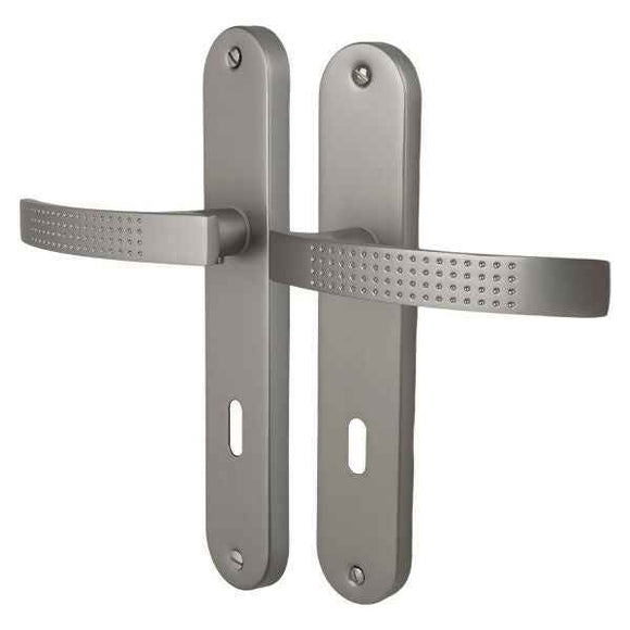 2 poignées de porte sur plaque AUDACE, Entrée de clé pour chambre, Finition aluminium nickel mat, Entraxe standard 195 mm