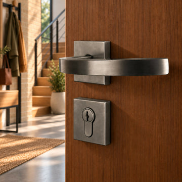 2 poignées de porte sur rosace ORION, Trou de cylindre - entrée - bureau - service, Finition Inox 304 nickel mat