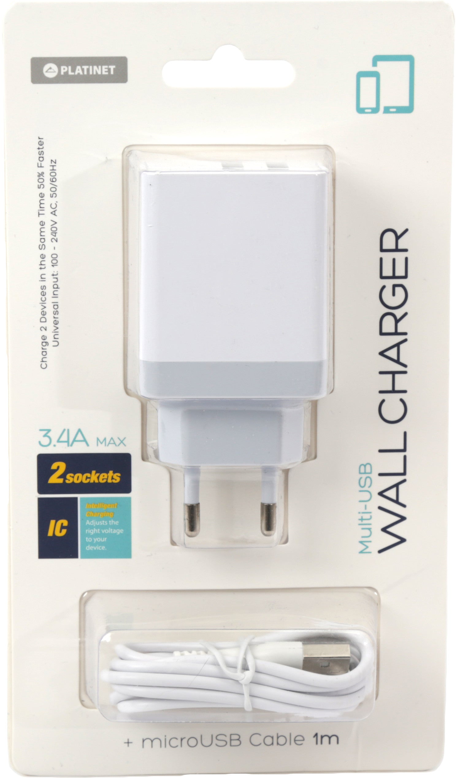 Chargeur USB Platinet 2xUSB 3.4A, blanc + câble (43723)