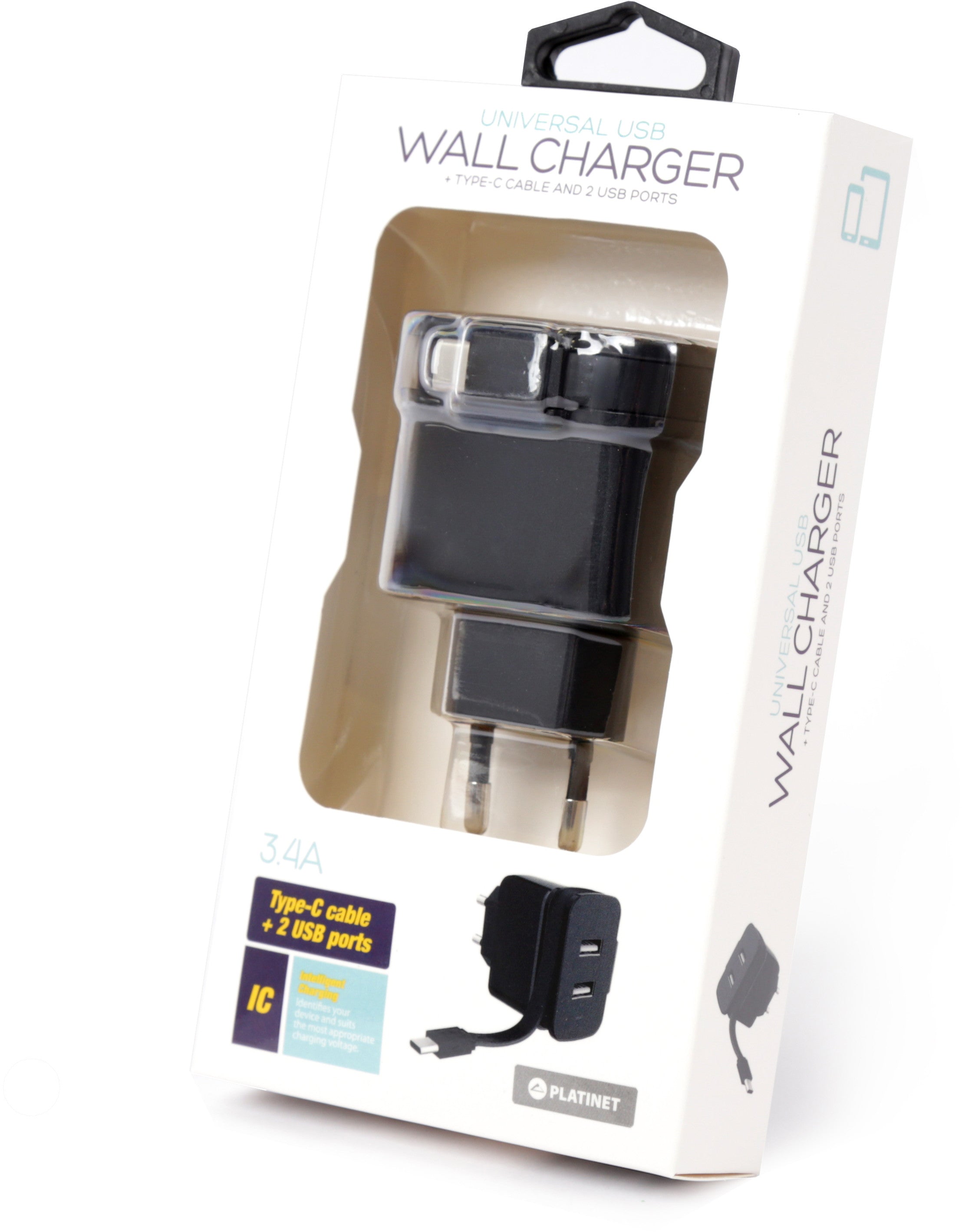 Chargeur Platinet 2xUSB 3,4A + câble USB-C (44654)
