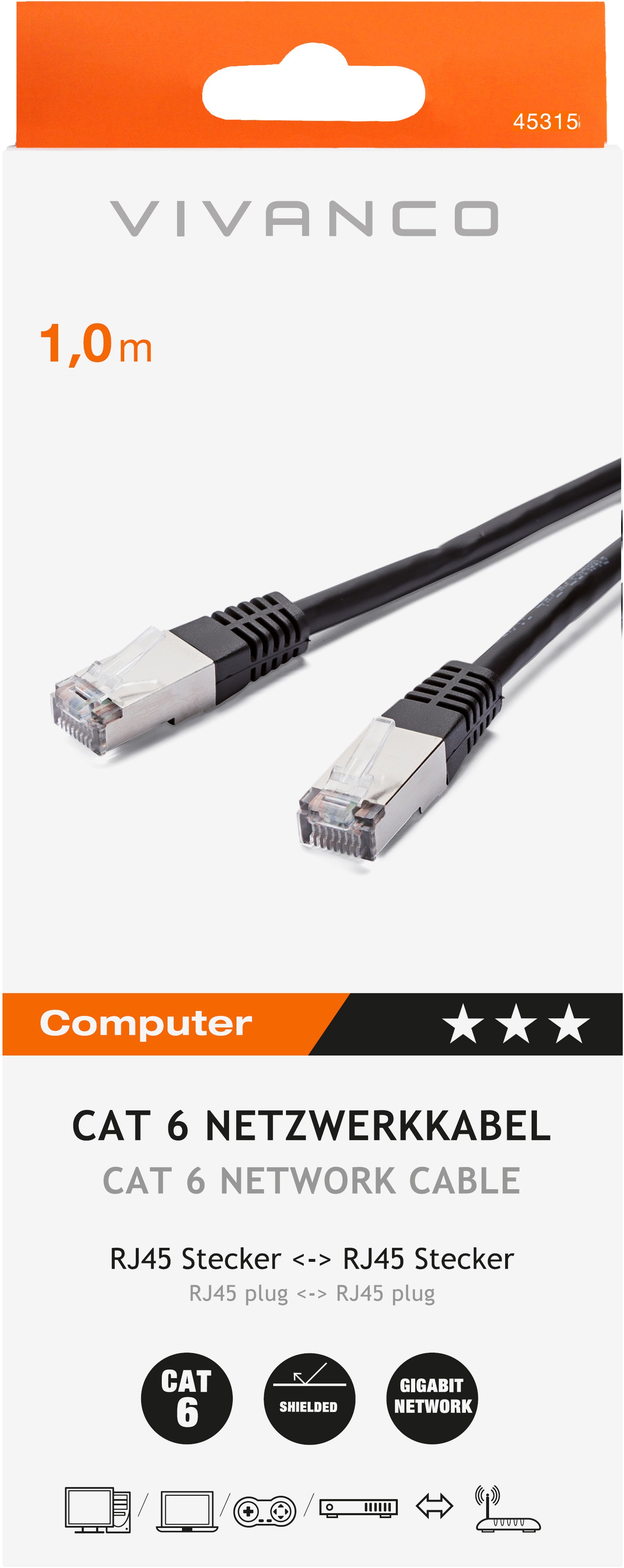 Câble réseau vivanco cat 6 1 m noir 45315