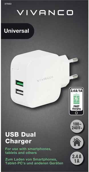 Chargeur USB Vivanco 2,4 A/1 A, blanc (37563)
