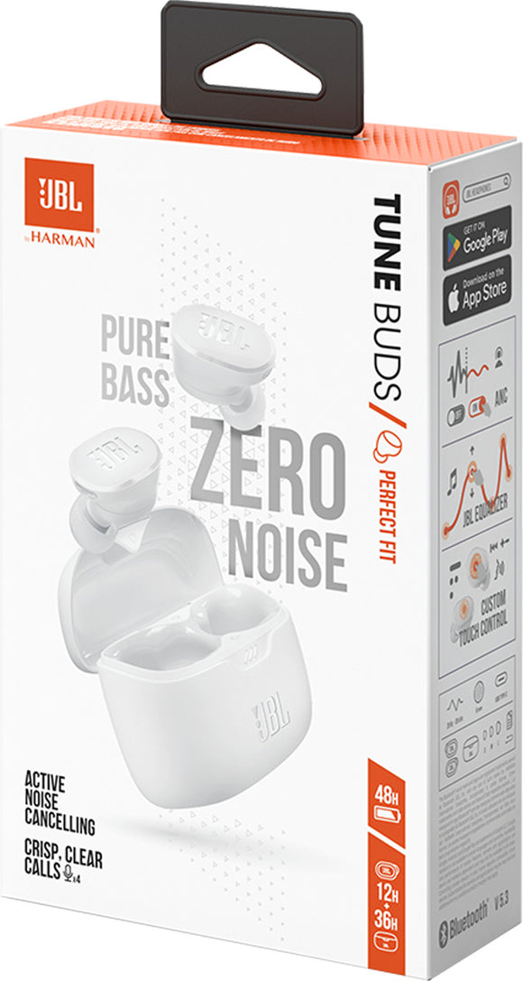 Écouteurs intra-auriculaires sans fil Bluetooth JBL Tune Buds TWS, blancs, EU