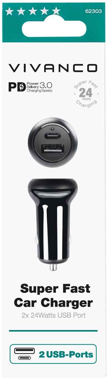 Chargeur de voiture Vivanco USB/USB-C 24 W (62303)