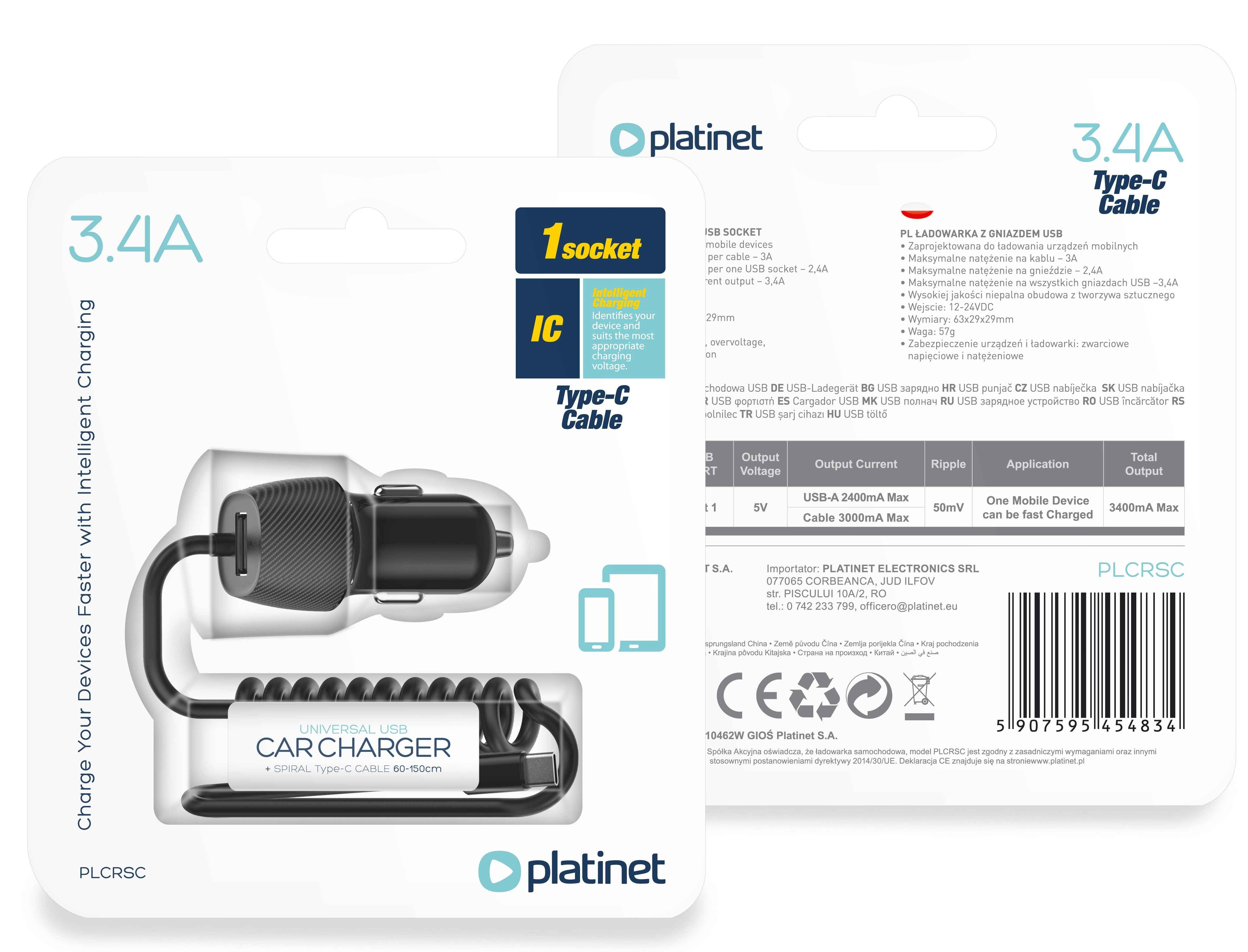 Adaptateur secteur pour voiture Platinet 3,4 A USB-A + USB-C (45483)