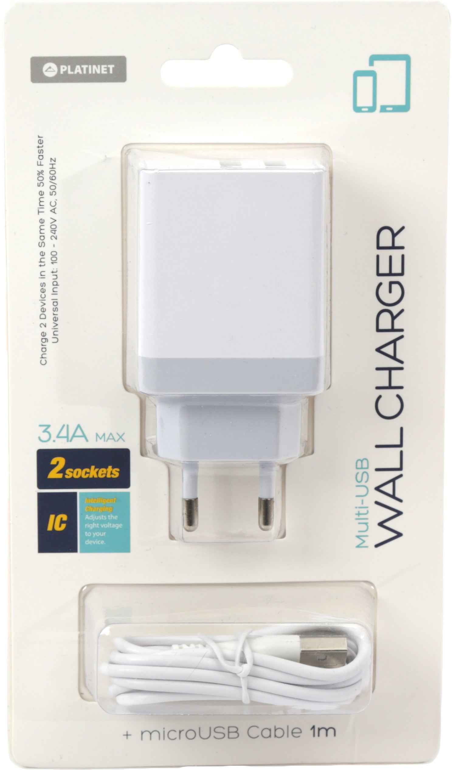 Chargeur USB Platinet 2xUSB 3.4A, blanc + câble (43723)