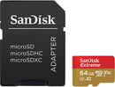 SANDISK Extreme microSDXC 64GB + SD Adapter + 1 year RescuePRO Deluxe up to 170MB/s & 80MB/s Read/Write speeds A2 C10 V30 UHS-I U3