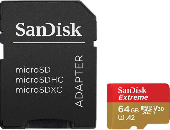 SANDISK Extreme microSDXC 64GB + SD Adapter + 1 year RescuePRO Deluxe up to 170MB/s & 80MB/s Read/Write speeds A2 C10 V30 UHS-I U3
