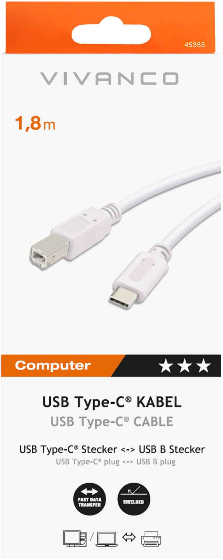 Vivanco cable USB-C - USB-B 1.8m, white (45355)