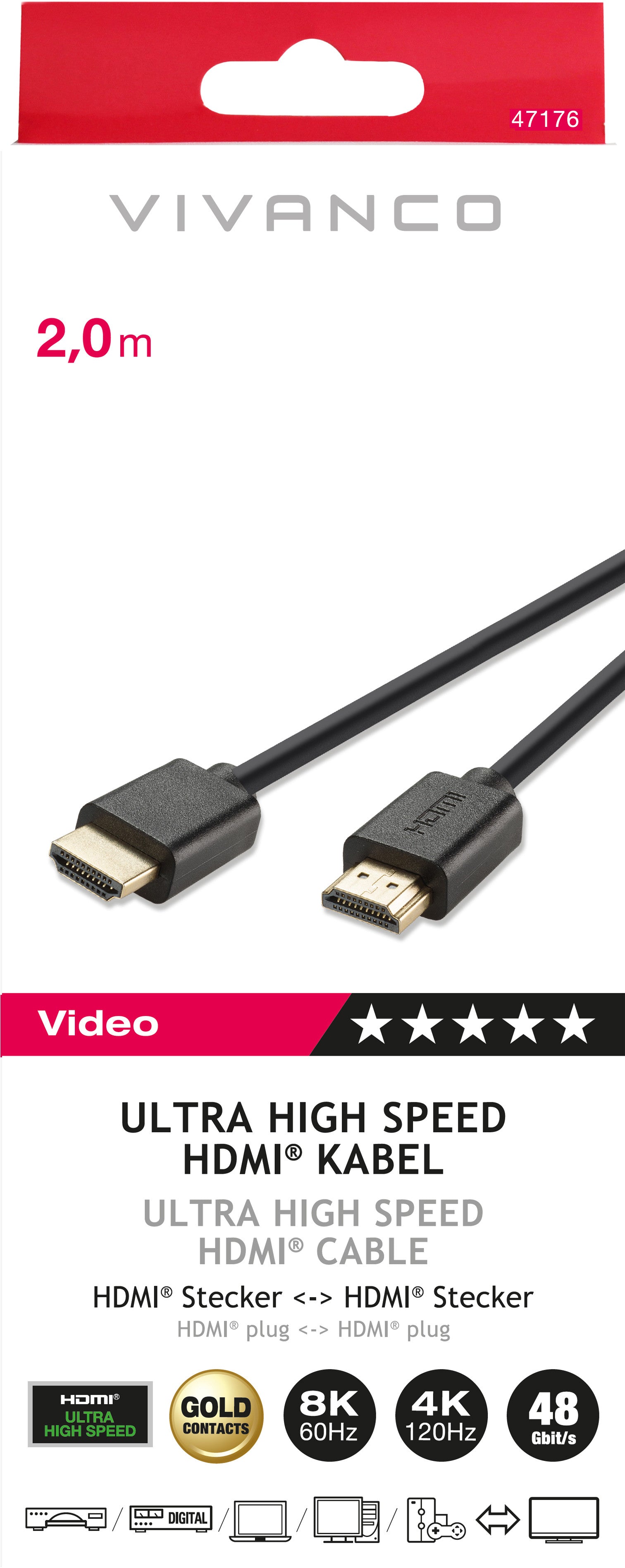 Câble hdmi vivanco - hdmi 2.1 2 m 47176