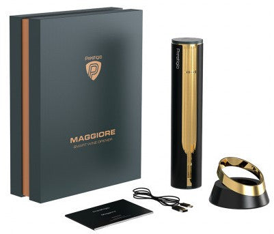 Prestigio Maggiore, tire-bouchon intelligent, 100% automatique, ouvre jusqu'à 70 bouteilles sans recharge, coupe-capsule inclus, design premium, batterie 480mAh, Dimensions D 48*H228mm, couleur noir + or.