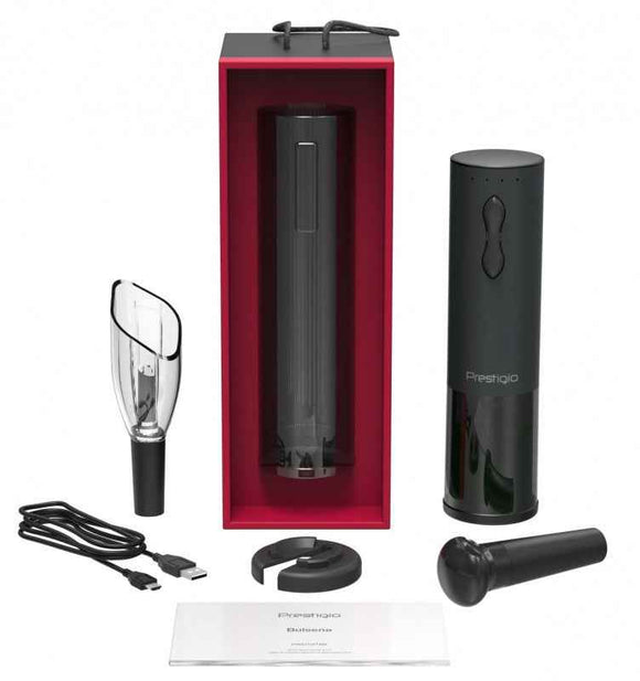 Bolsena, Tire-bouchon électrique avec logo Prestigio, aérateur, conserveur sous vide, couleur noire