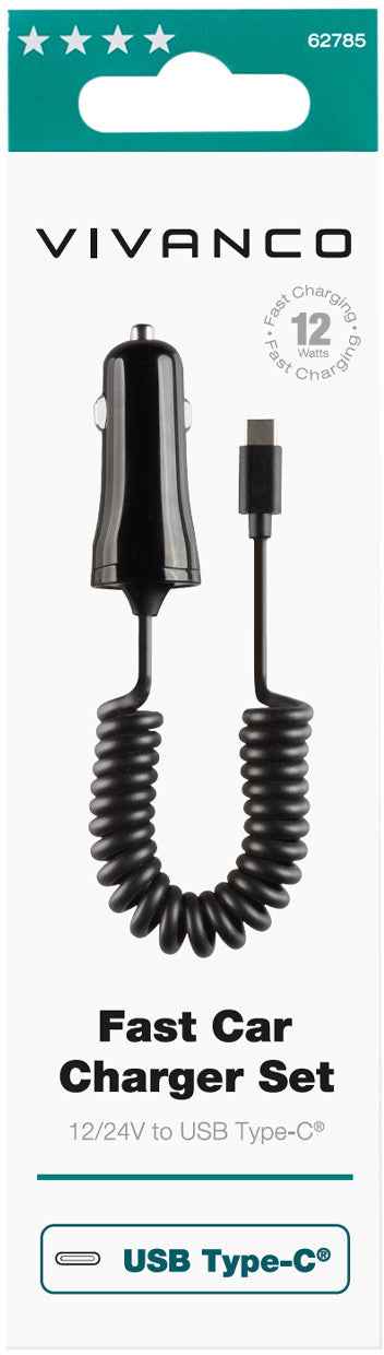 Chargeur de voiture Vivanco USB-C 12 W 1 m, noir (62785)