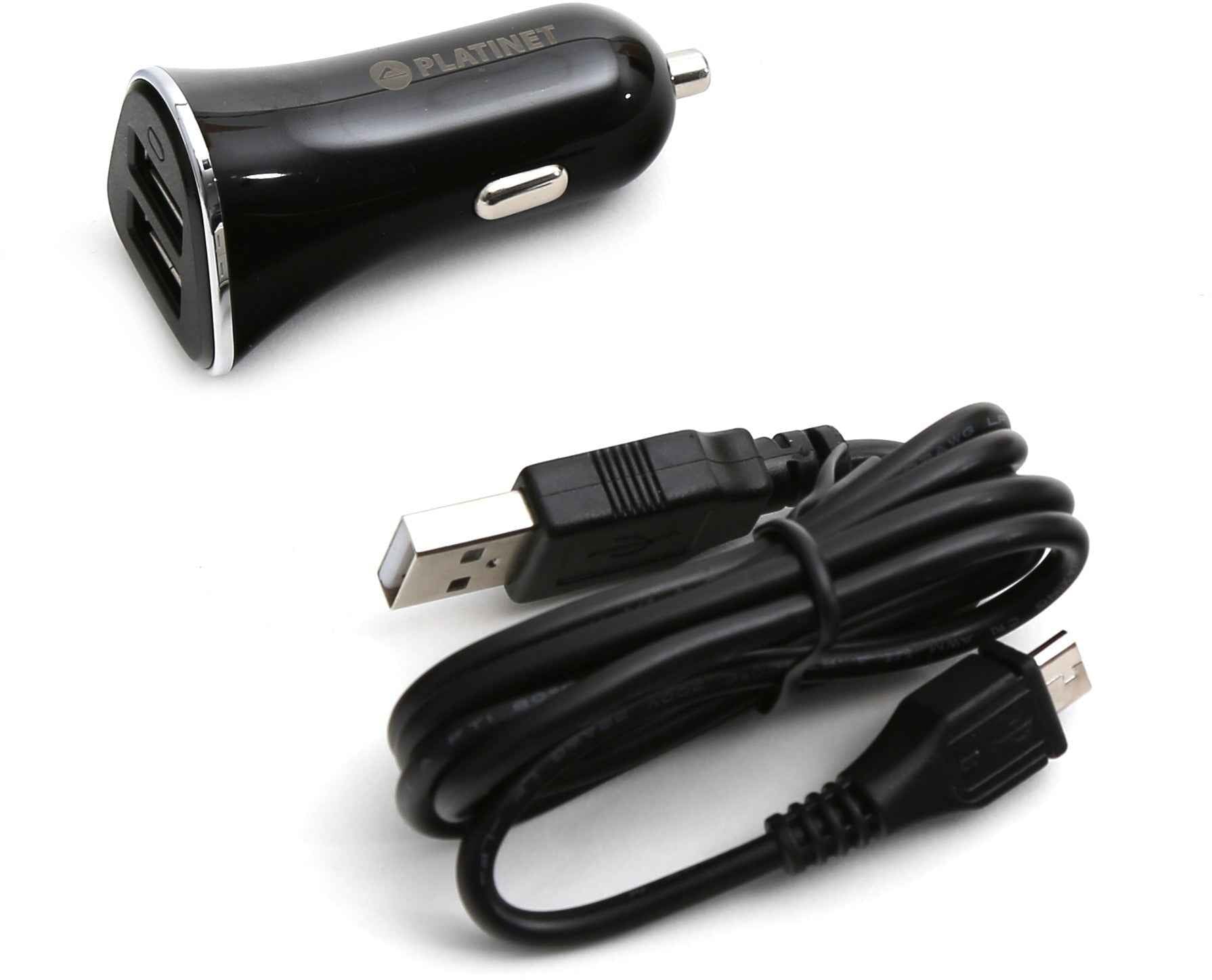 Chargeur voiture Platinet + câble 2xUSB 3400mA, noir (43719)