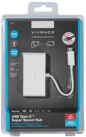 Hub USB Vivanco USB-C 3.1 4 ports, blanc (34292)