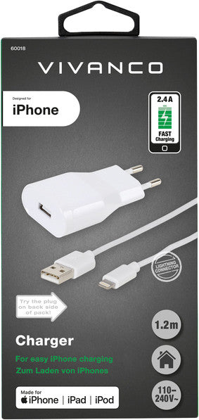 Chargeur Vivanco Lightning 2,4 A 1,2 m, blanc (60018)